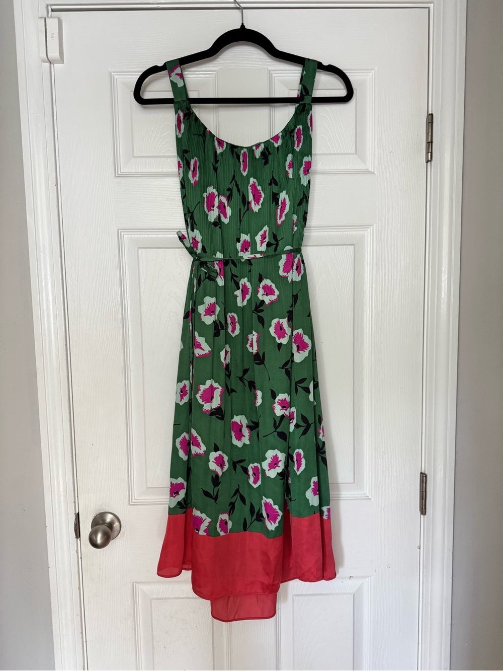 Anthropologie Green Floral Midi Dress with Pink Border